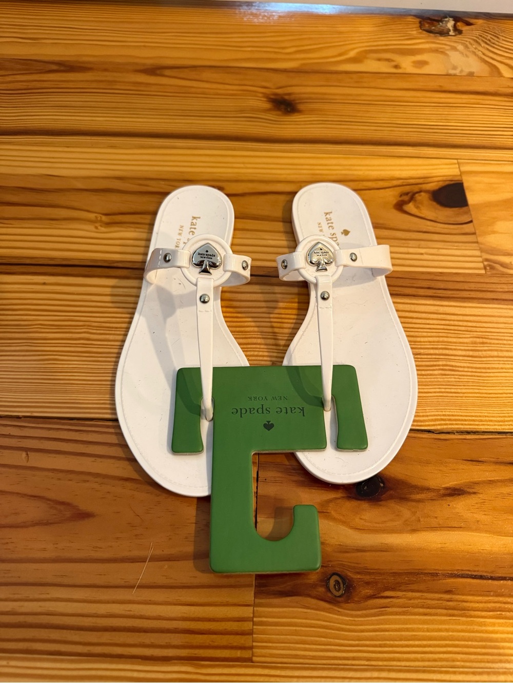 kate spade White Leather T-Strap Sandals with Logo Accent